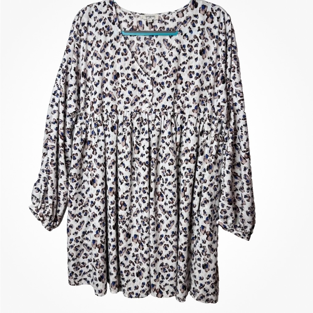 Umgee Babydoll Dress Sz L Brown Leopard Print Long Slv Y2K Style Boho Cowgirl